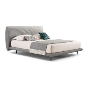 Alden Light Grey Upholstered Bed Frame with Stitched Headboard - Queen — three-quarter studio view; model photographs shared across sizes; mattress and bedding not included