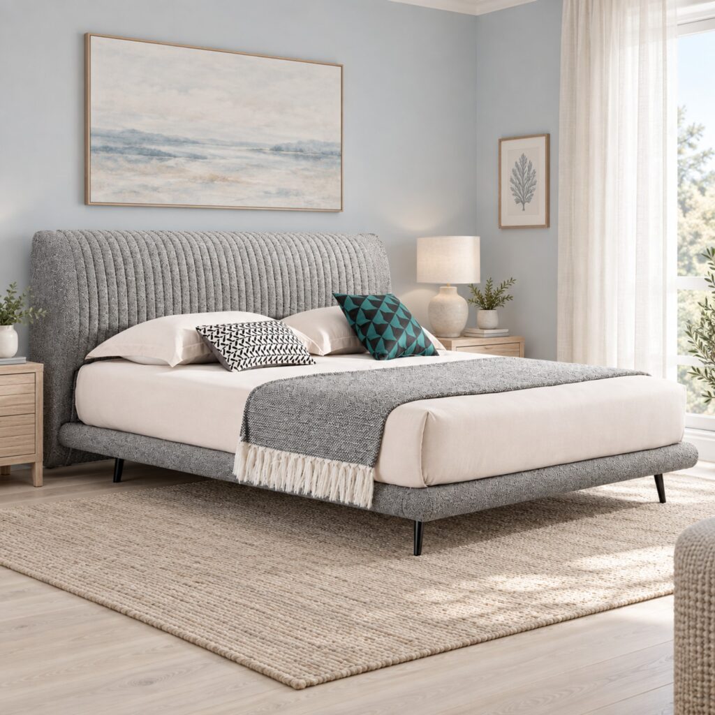 Alden Light Grey Upholstered Bed Frame with Stitched Headboard - Queen — pale blue-grey bedroom with airy curtains; model photographs shared across sizes; mattress, bedding and furnishings not included