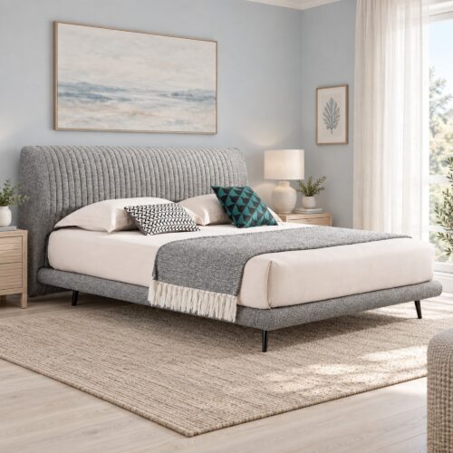 Alden Light Grey Upholstered Bed Frame with Stitched Headboard - Queen — pale blue-grey bedroom with airy curtains; model photographs shared across sizes; mattress, bedding and furnishings not included