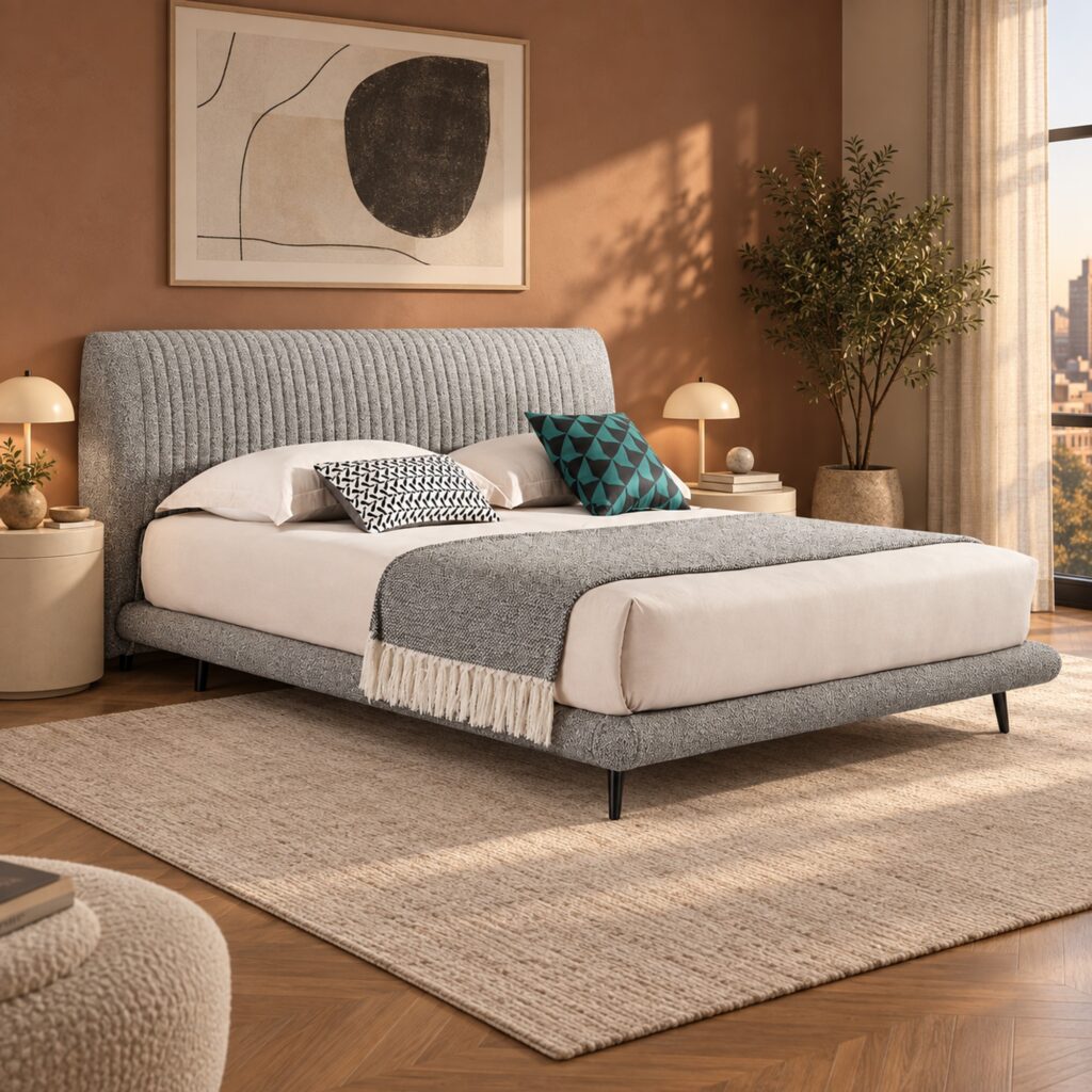 Alden Light Grey Upholstered Bed Frame with Stitched Headboard - Queen — clay-toned bedroom with oak parquet; model photographs shared across sizes; mattress, bedding and furnishings not included