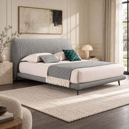 Alden Light Grey Upholstered Bed Frame with Stitched Headboard - Queen — ivory panelled bedroom with a travertine side table; model photographs shared across sizes; mattress, bedding and furnishings not included