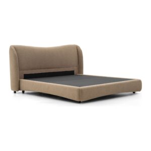 Bellamy Tan Upholstered Bed Frame with Winged Headboard - Queen — three-quarter studio view