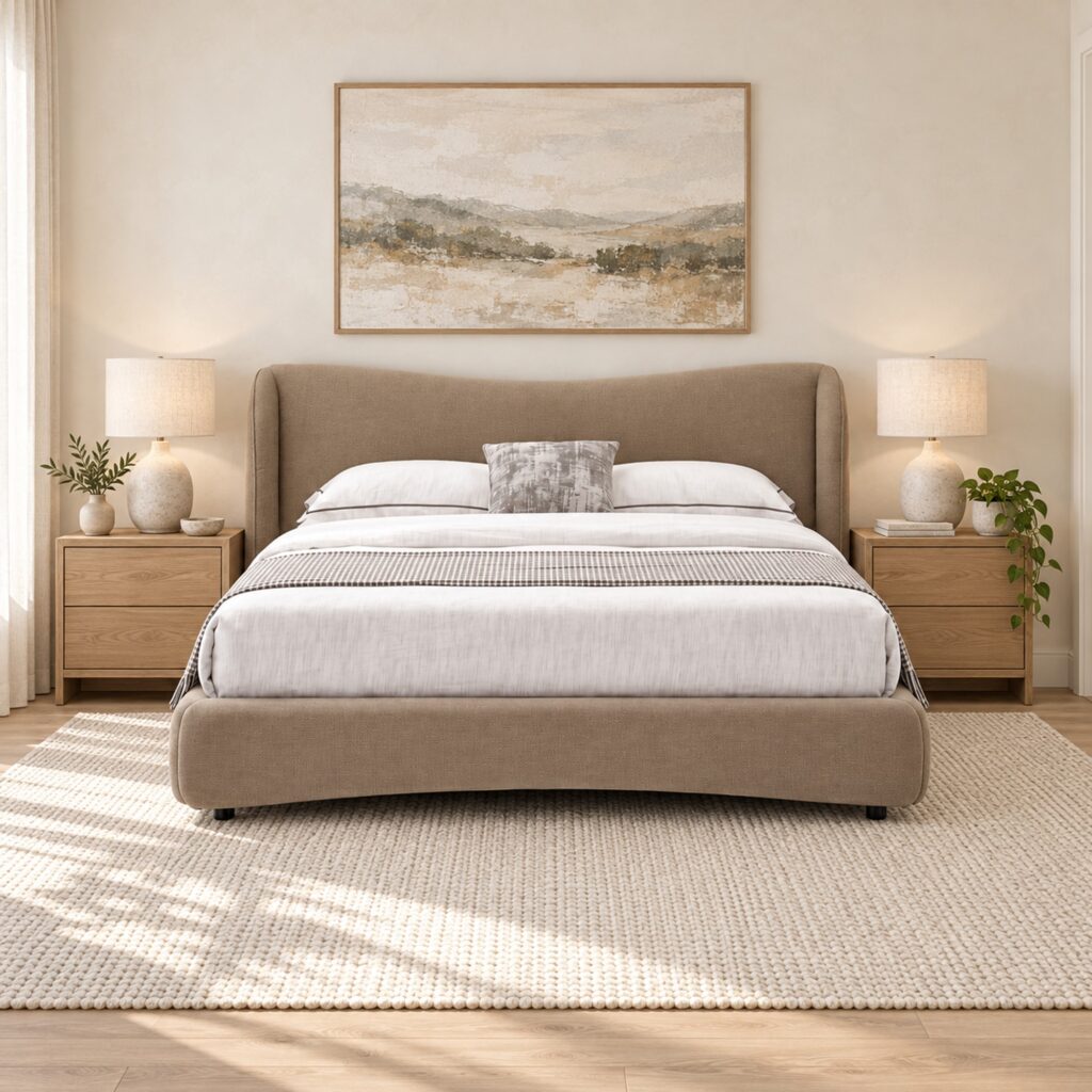 Bellamy Tan Upholstered Bed Frame with Winged Headboard - Queen — front view against a cream wall with oak nightstands; mattress, bedding and furnishings not included