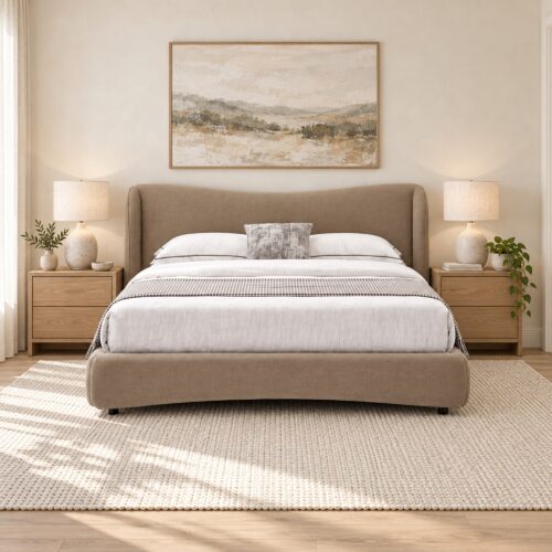 Bellamy Tan Upholstered Bed Frame with Winged Headboard - Queen — front view against a cream wall with oak nightstands; mattress, bedding and furnishings not included