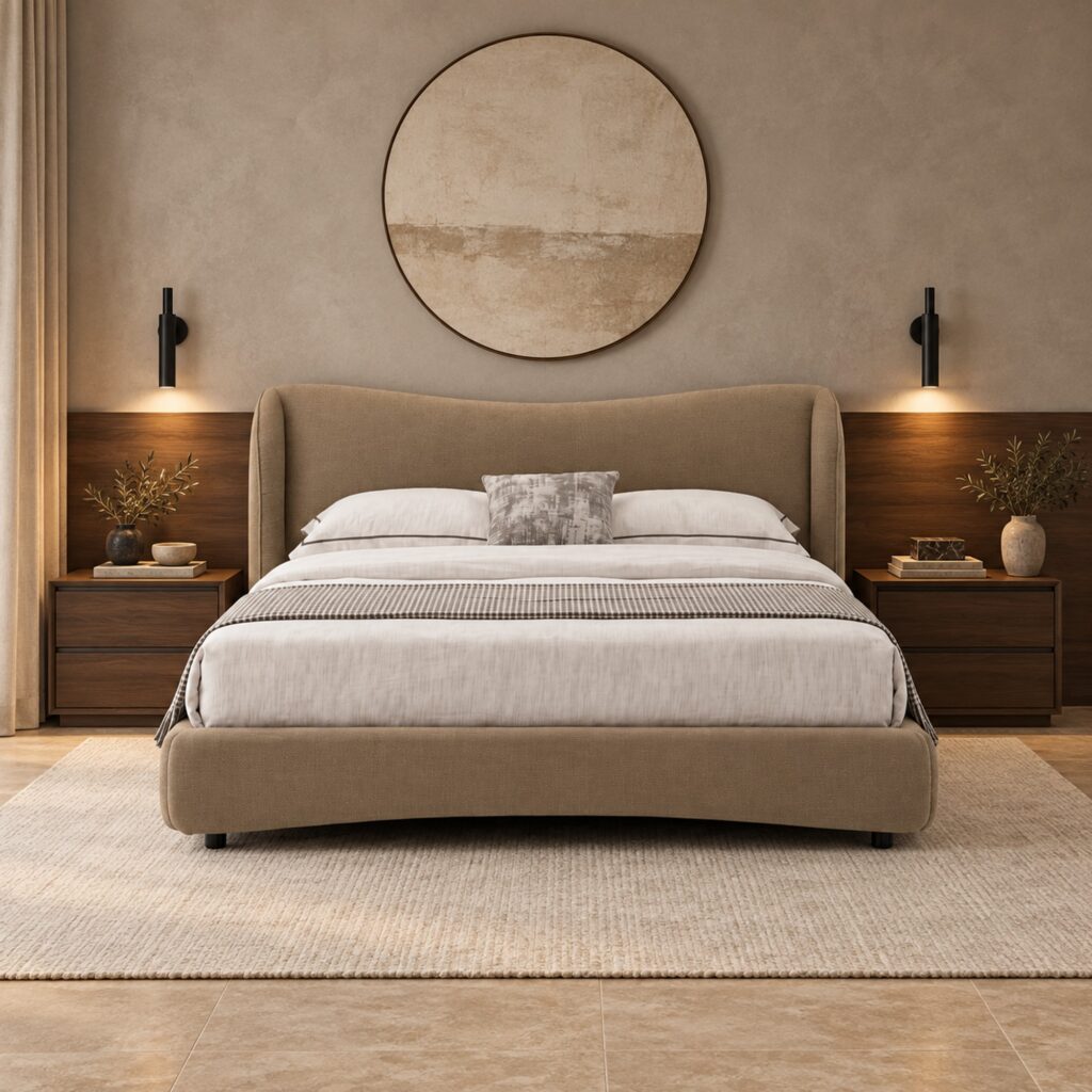 Bellamy Tan Upholstered Bed Frame with Winged Headboard - Queen — front view with warm grey wall and walnut wainscot; mattress, bedding and furnishings not included