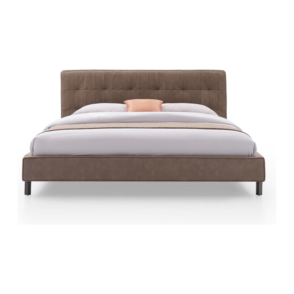 Cassian Taupe Tufted Leather Bed Frame - Queen — front studio view; model photographs shared across sizes; mattress and bedding not included
