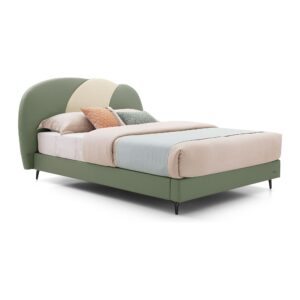 Orin Green Upholstered Bed Frame with Curved Headboard - Queen — three-quarter studio view; model photographs shared across sizes; mattress and bedding not included