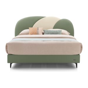 Orin Green Upholstered Bed Frame with Curved Headboard - Queen — front studio view; model photographs shared across sizes; mattress and bedding not included
