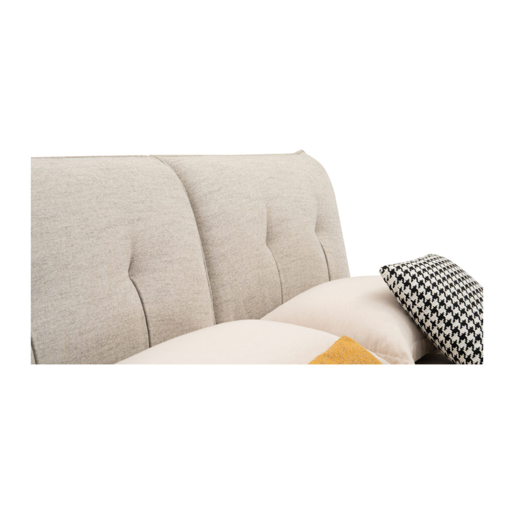 Taverton Beige Tufted Upholstered Bed Frame - Queen — close-up of beige woven headboard with central seam and vertical stitch tucks; model photographs shared across sizes; mattress and bedding not included