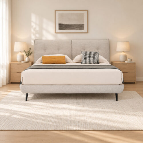 Taverton Beige Tufted Upholstered Bed Frame - Queen — ivory bedroom with oak bedside cabinets; mattress, bedding and furnishings not included