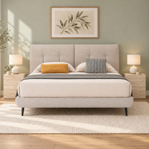 Taverton Beige Tufted Upholstered Bed Frame - Queen — sage bedroom with travertine bedside tables; mattress, bedding and furnishings not included