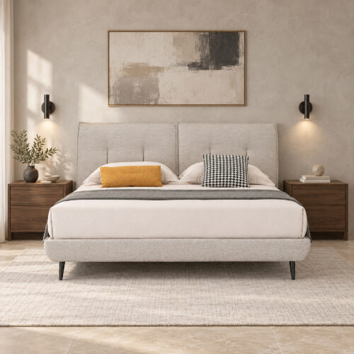 Taverton Beige Tufted Upholstered Bed Frame - Queen — warm-grey bedroom with walnut cabinets; mattress, bedding and furnishings not included