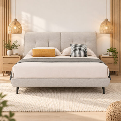 Taverton Beige Tufted Upholstered Bed Frame - Queen — coastal bedroom with oak slat wall accents; mattress, bedding and furnishings not included