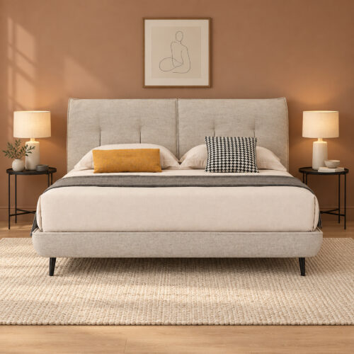 Taverton Beige Tufted Upholstered Bed Frame - Queen — muted clay bedroom with black bedside tables; mattress, bedding and furnishings not included