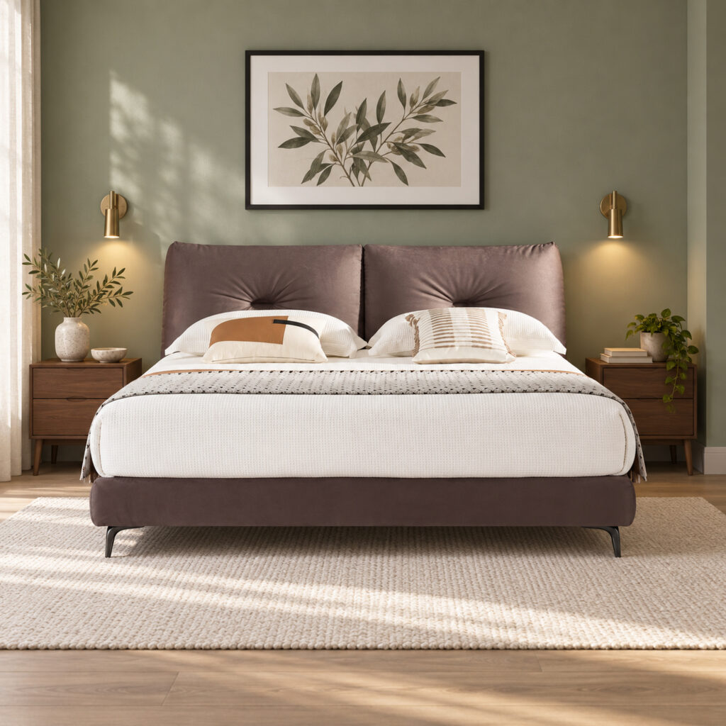 Vesper Upholstered Bed Frame with Twin Tufted Headboard - Queen — sage bedroom with walnut tables; mattress, bedding and furnishings not included