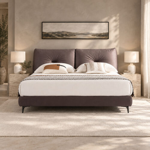 Vesper Upholstered Bed Frame with Twin Tufted Headboard - Queen — warm-grey bedroom with stone tables; mattress, bedding and furnishings not included