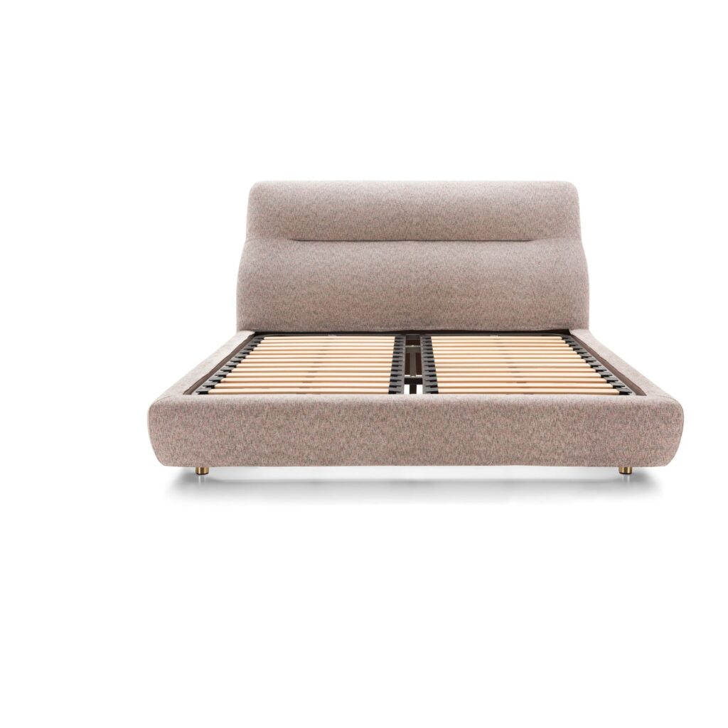 Theo Taupe Upholstered Bed Frame with Cushioned Headboard - King — front studio view; model photographs shared across sizes