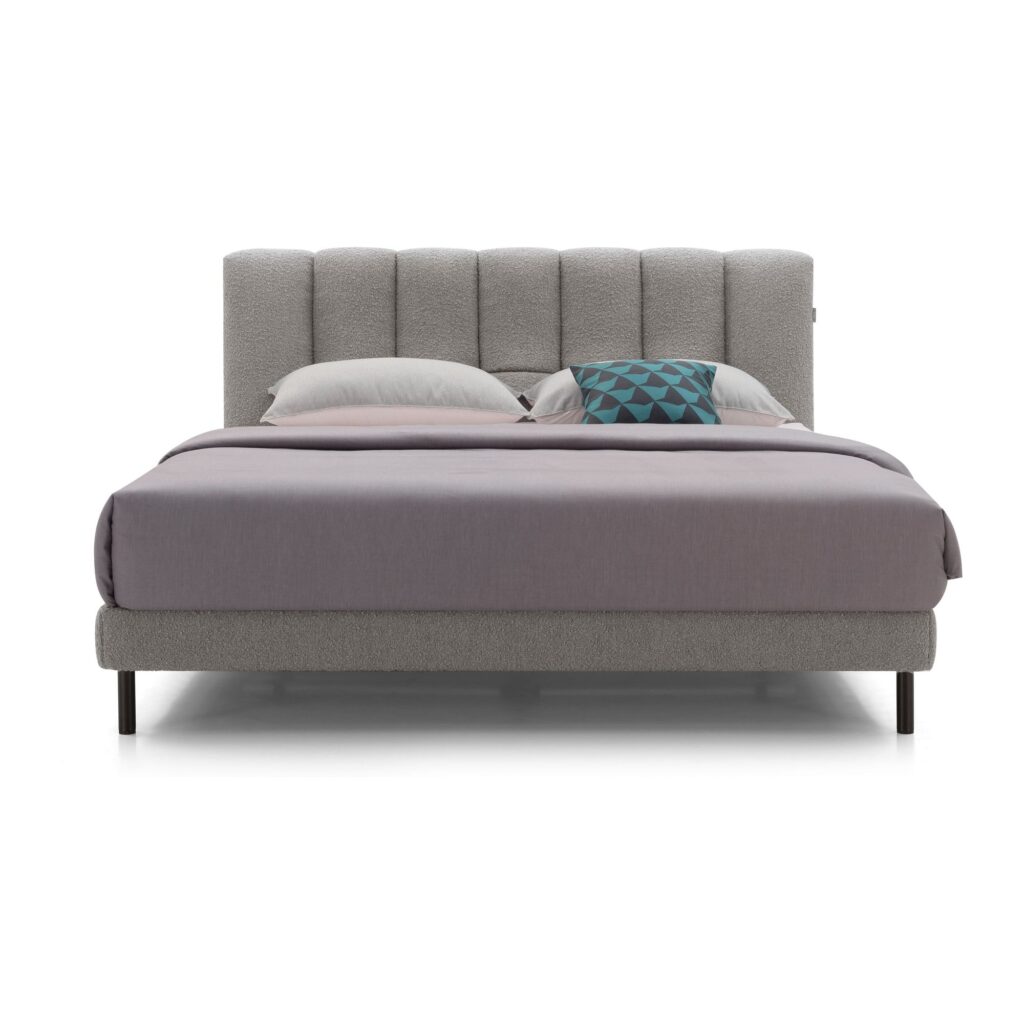 Miro Grey Channel Upholstered Bed Frame - King — front studio view; model photographs shared across sizes; mattress and bedding not included