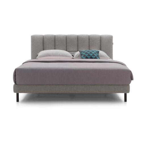 Miro Grey Channel Upholstered Bed Frame - King — front studio view; model photographs shared across sizes; mattress and bedding not included
