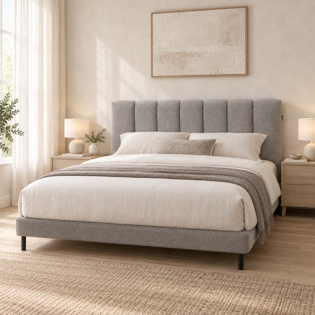 Miro Grey Channel Upholstered Bed Frame - King — daylit bedroom with pale walls and oak furniture; model photographs shared across sizes; mattress, bedding and furnishings not included