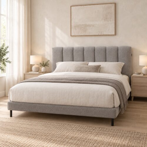 Miro Grey Channel Upholstered Bed Frame - King — daylit bedroom with pale walls and oak furniture; model photographs shared across sizes; mattress, bedding and furnishings not included