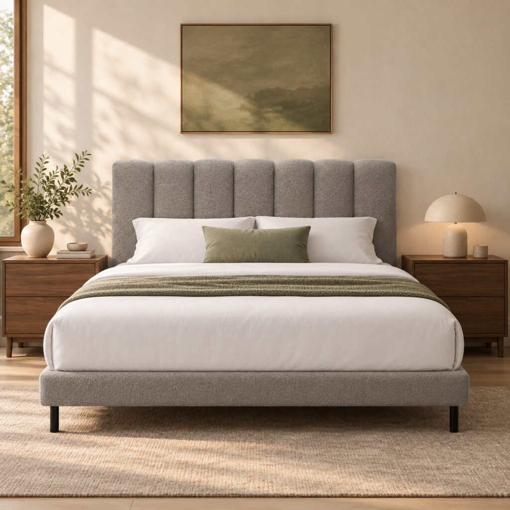 Miro Grey Channel Upholstered Bed Frame - King — front view with ivory walls and walnut nightstands; model photographs shared across sizes; mattress, bedding and furnishings not included