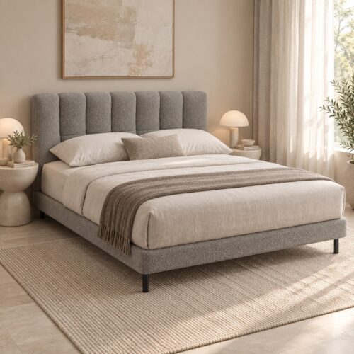 Miro Grey Channel Upholstered Bed Frame - King — elevated view in a beige bedroom with stone flooring; model photographs shared across sizes; mattress, bedding and furnishings not included