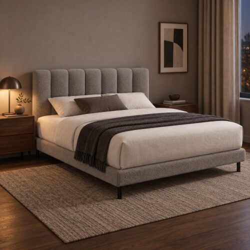 Miro Grey Channel Upholstered Bed Frame - King — evening bedroom with warm grey walls and walnut furniture; model photographs shared across sizes; mattress, bedding and furnishings not included