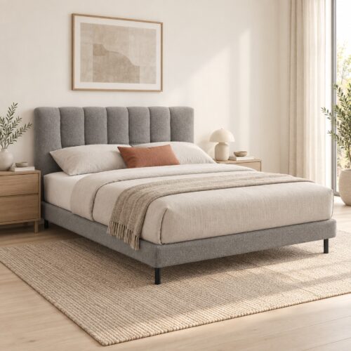 Miro Grey Channel Upholstered Bed Frame - King — bright bedroom with oatmeal bedding and terracotta accent; model photographs shared across sizes; mattress, bedding and furnishings not included