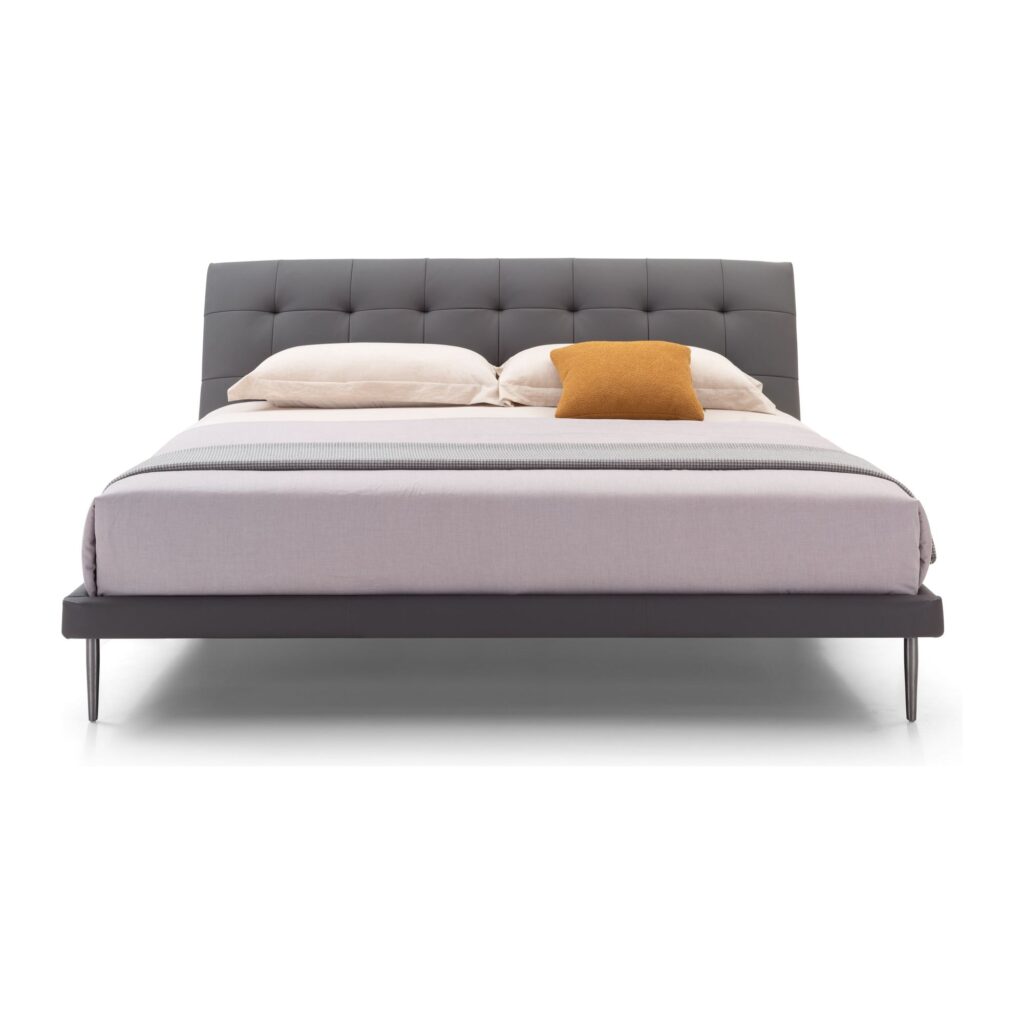Riven Dark Grey Tufted Leather Bed Frame - King — front studio view; model photographs shared across sizes; mattress and bedding not included