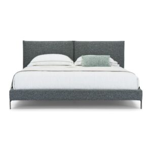 Soren Grey Upholstered Bed Frame with Split Headboard - King — front studio view; model photographs shared across sizes; mattress and bedding not included