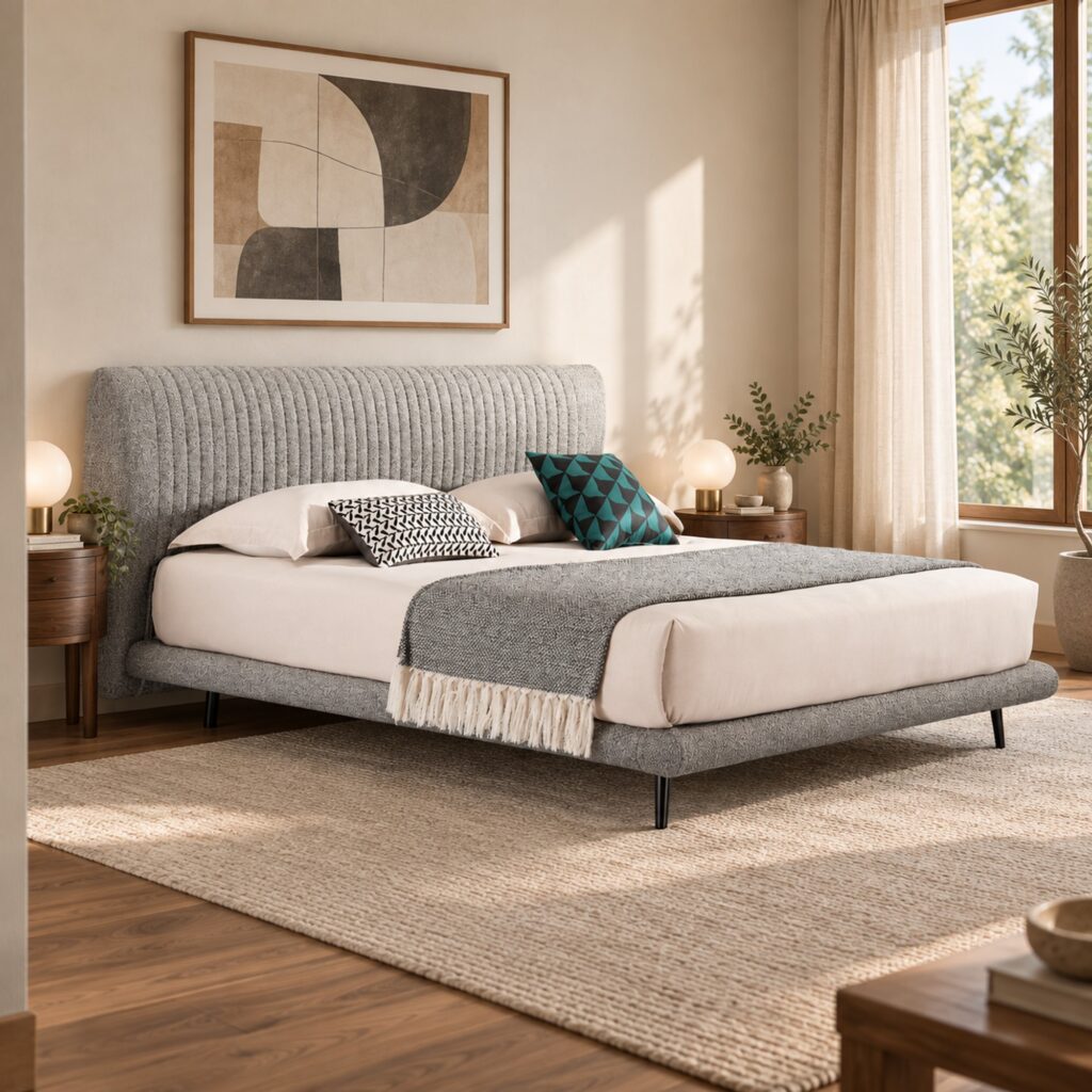 Alden Light Grey Upholstered Bed Frame with Stitched Headboard - King — warm white bedroom with walnut furniture; model photographs shared across sizes; mattress, bedding and furnishings not included