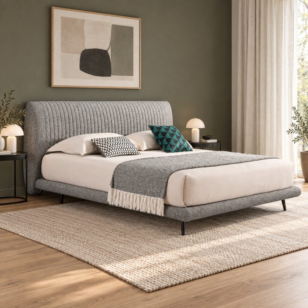 Alden Light Grey Upholstered Bed Frame with Stitched Headboard - King — olive-grey bedroom with black bedside table; model photographs shared across sizes; mattress, bedding and furnishings not included