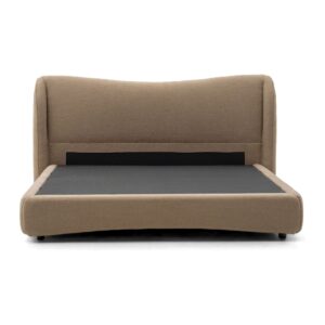Bellamy Tan Upholstered Bed Frame with Winged Headboard - King — front studio view; model photographs shared across sizes