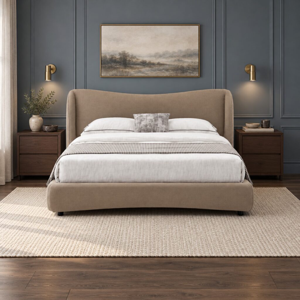 Bellamy Tan Upholstered Bed Frame with Winged Headboard - King — front view against blue-grey panelled wall; model photographs shared across sizes; mattress, bedding and furnishings not included