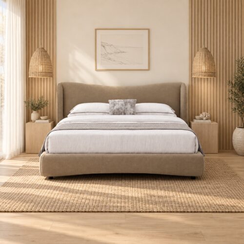 Bellamy Tan Upholstered Bed Frame with Winged Headboard - King — coastal bedroom with pale oak wall accents; model photographs shared across sizes; mattress, bedding and furnishings not included