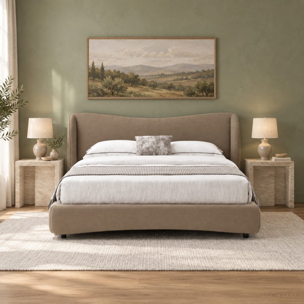 Bellamy Tan Upholstered Bed Frame with Winged Headboard - King — front view against sage wall with stone side tables; model photographs shared across sizes; mattress, bedding and furnishings not included
