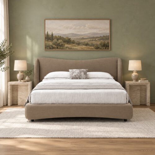 Bellamy Tan Upholstered Bed Frame with Winged Headboard - King — front view against sage wall with stone side tables; model photographs shared across sizes; mattress, bedding and furnishings not included
