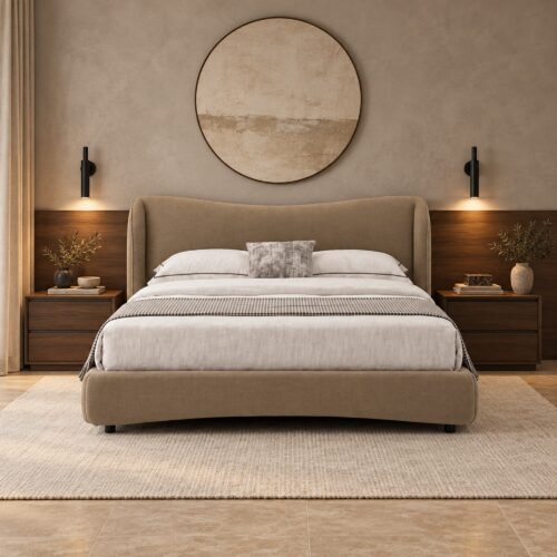 Bellamy Tan Upholstered Bed Frame with Winged Headboard - King — front view against warm-grey wall with walnut wainscot; model photographs shared across sizes; mattress, bedding and furnishings not included