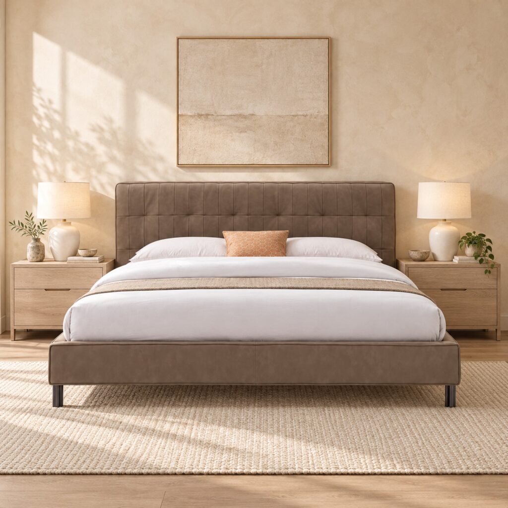 Cassian Taupe Tufted Leather Bed Frame - King — front view against cream wall with oak nightstands; model photographs shared across sizes; mattress, bedding and furnishings not included