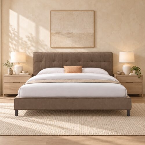 Cassian Taupe Tufted Leather Bed Frame - King — front view against cream wall with oak nightstands; model photographs shared across sizes; mattress, bedding and furnishings not included