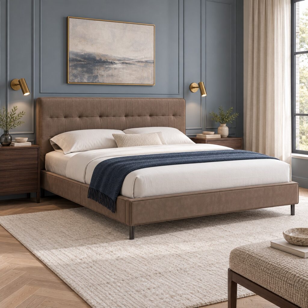 Cassian Taupe Tufted Leather Bed Frame - King — three-quarter view against blue-grey panelled wall with walnut nightstands; model photographs shared across sizes; mattress, bedding and furnishings not included