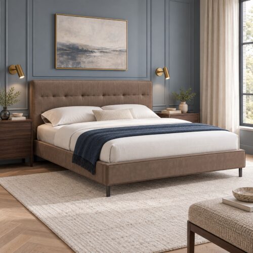 Cassian Taupe Tufted Leather Bed Frame - King — three-quarter view against blue-grey panelled wall with walnut nightstands; model photographs shared across sizes; mattress, bedding and furnishings not included