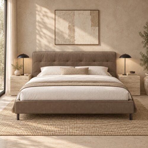 Cassian Taupe Tufted Leather Bed Frame - King — elevated front view against stone plaster wall with travertine side tables; model photographs shared across sizes; mattress, bedding and furnishings not included