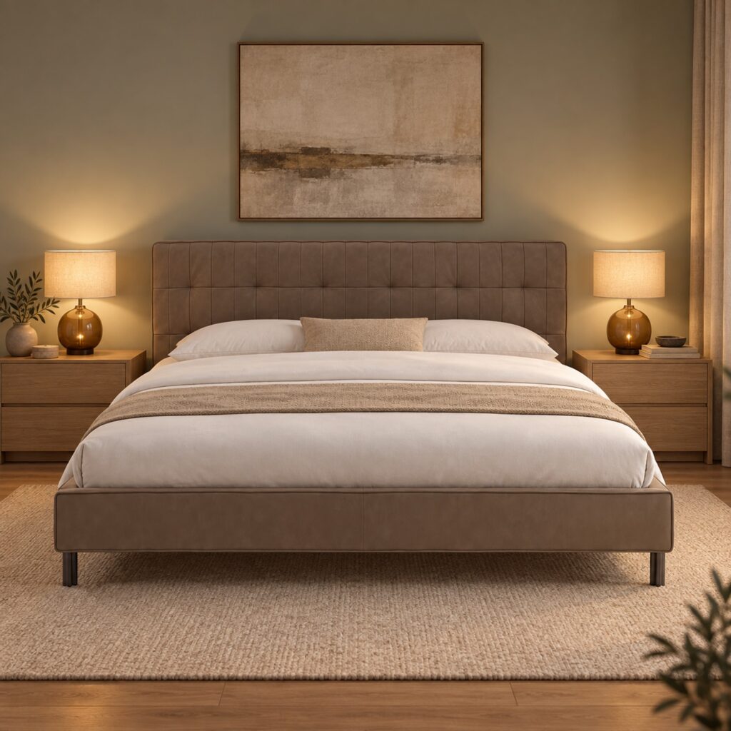 Cassian Taupe Tufted Leather Bed Frame - King — front view against olive-grey wall with warm bedside lamps; model photographs shared across sizes; mattress, bedding and furnishings not included