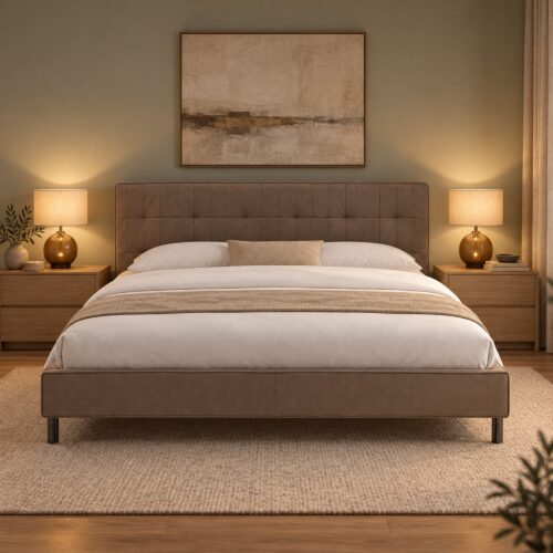 Cassian Taupe Tufted Leather Bed Frame - King — front view against olive-grey wall with warm bedside lamps; model photographs shared across sizes; mattress, bedding and furnishings not included