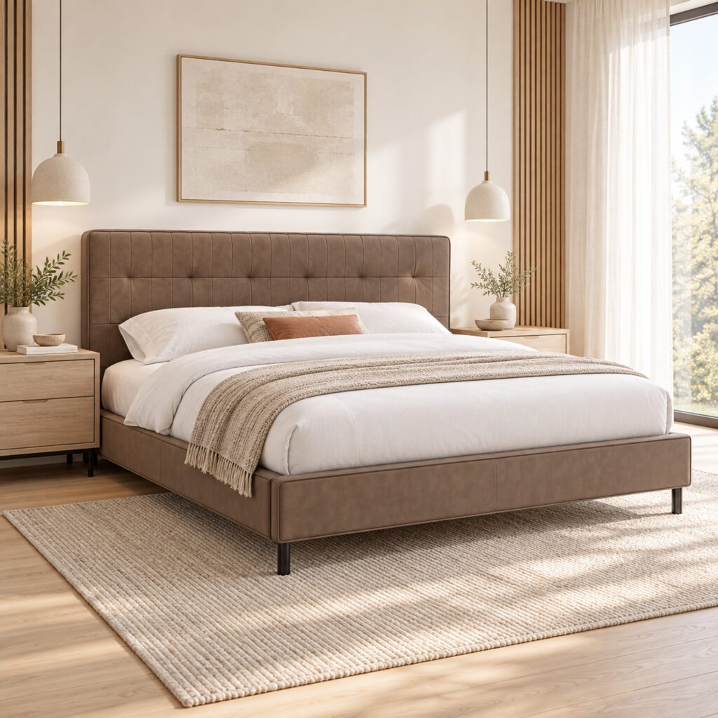 Cassian Taupe Tufted Leather Bed Frame - King — three-quarter view in bright ivory bedroom with oak wall accents; model photographs shared across sizes; mattress, bedding and furnishings not included