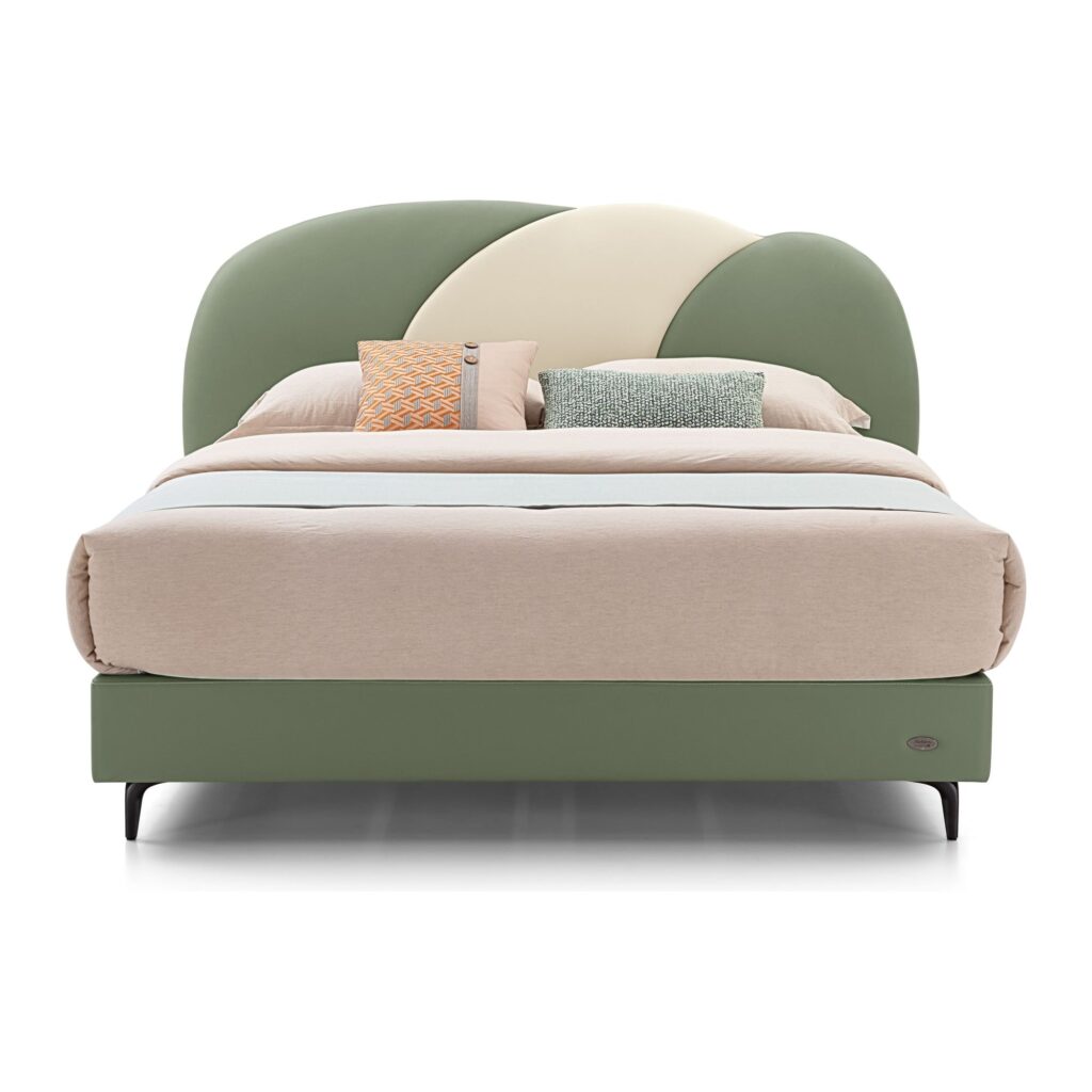 Orin Green Upholstered Bed Frame with Curved Headboard - King — front studio view; model photographs shared across sizes; mattress and bedding not included