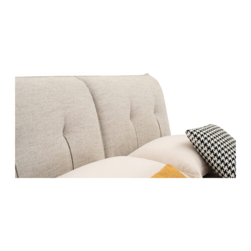 Taverton Beige Tufted Upholstered Bed Frame - King — close-up of beige woven headboard with central seam and vertical stitch tucks; model photographs shared across sizes; mattress and bedding not included