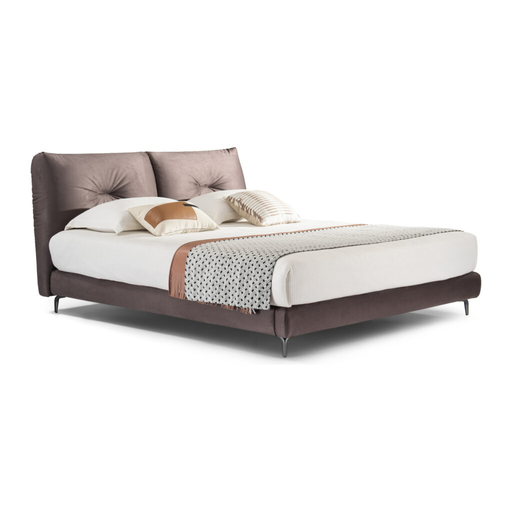 Vesper Upholstered Bed Frame with Twin Tufted Headboard - King — three-quarter studio view of twin tufted headboard and slim metal feet; model photographs shared across sizes; mattress and bedding not included